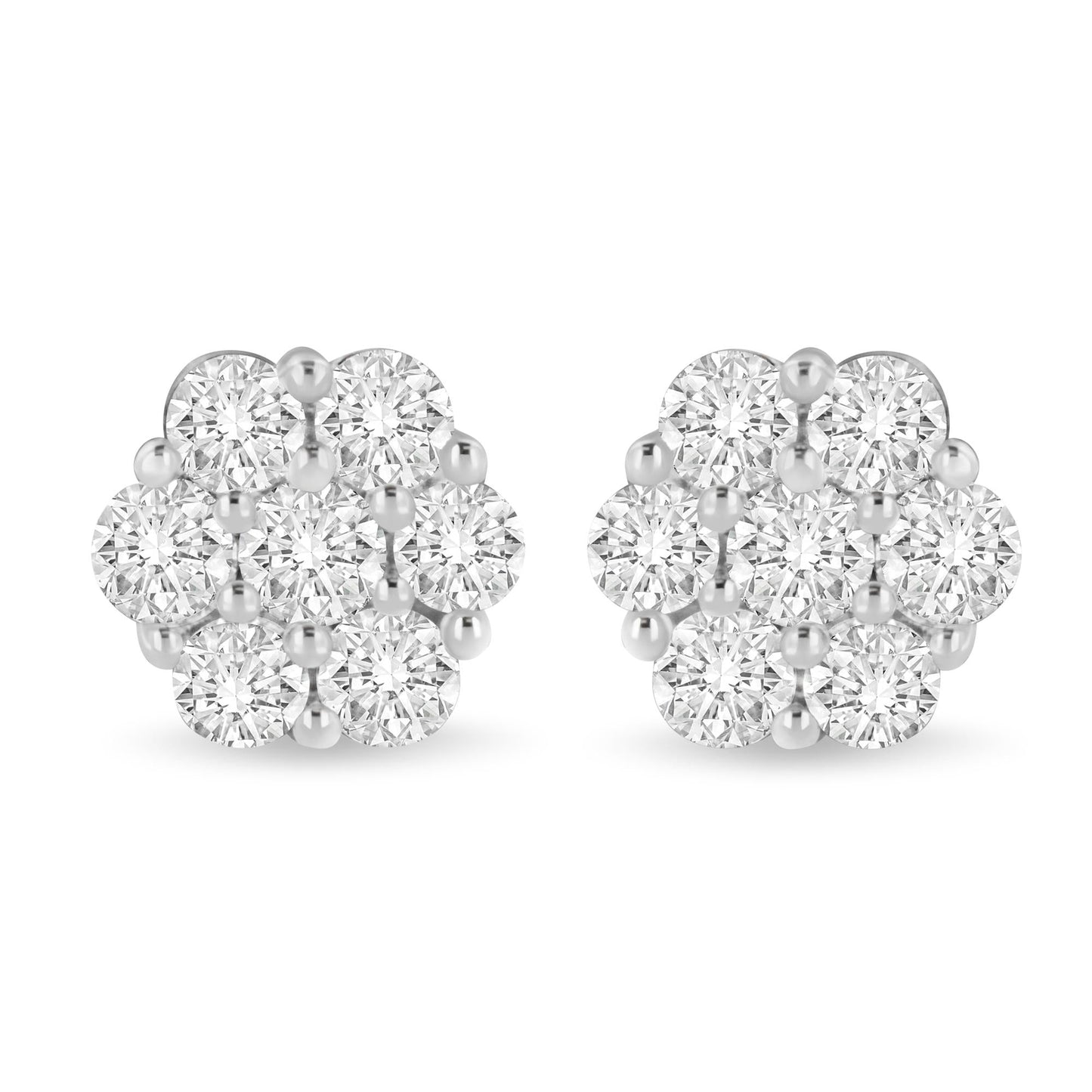 14K White Gold 3 cttw Prong Set Round-Cut Diamond Floral Cluster Stud