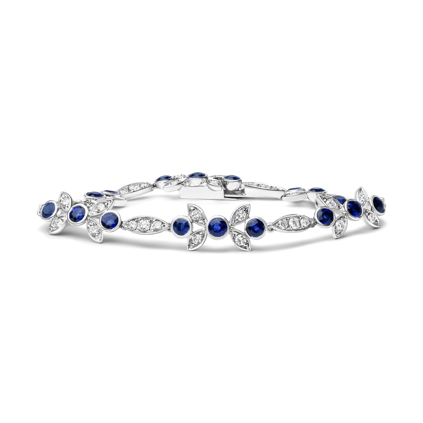 18K White Gold 1 3/4 Cttw Diamond and 3x3mm Round Blue Sapphire Gemsto