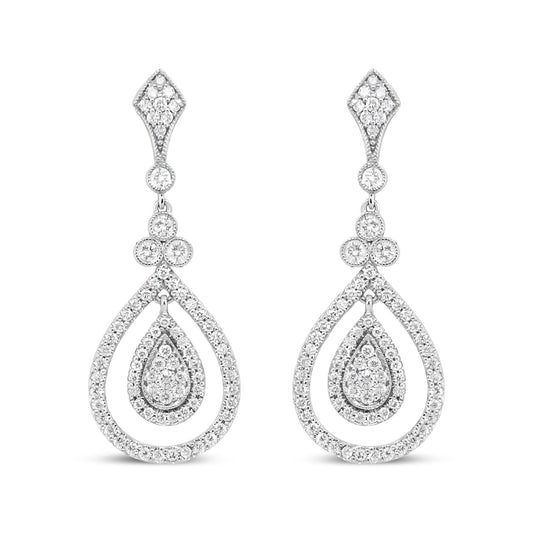 18K White Gold 1 1/4 Cttw Round Diamond Openwork Teardrop-Shaped Dangl