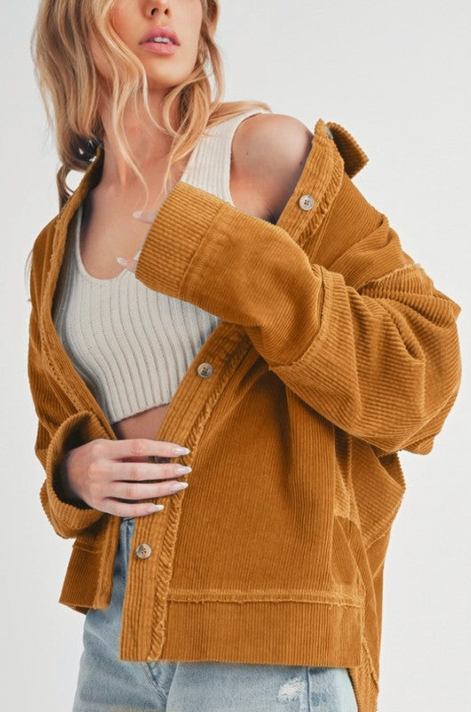 Aemi + Co Side Slit Exposed Seam Button Up Corduroy Jacket