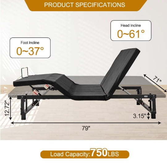 Adjustable Bed Base Frame Head And Foot Incline Quiet Motor King Size