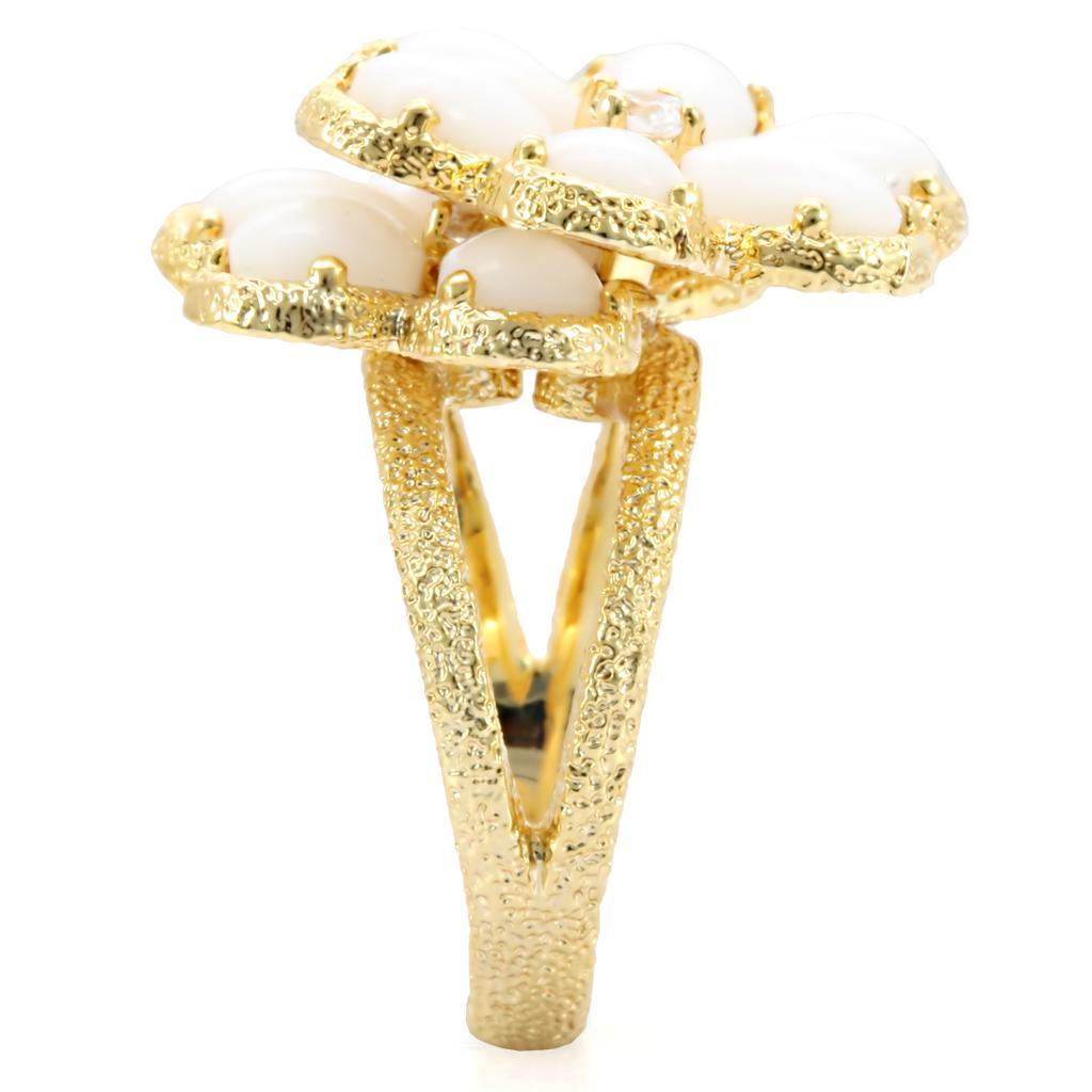 1W045 - Gold Brass Ring with Synthetic Synthetic Glass in White