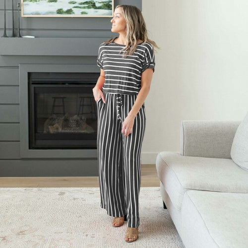 Stripe Jumpsuit Elastic Waist Back Keyhole