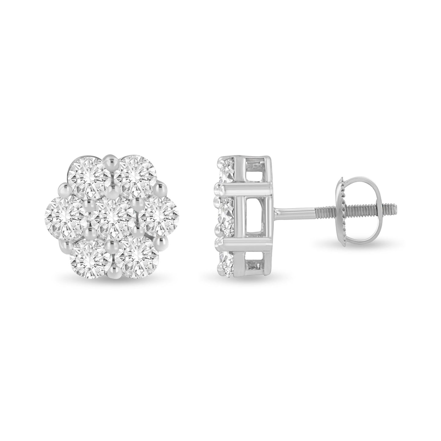 14K White Gold 3 cttw Prong Set Round-Cut Diamond Floral Cluster Stud