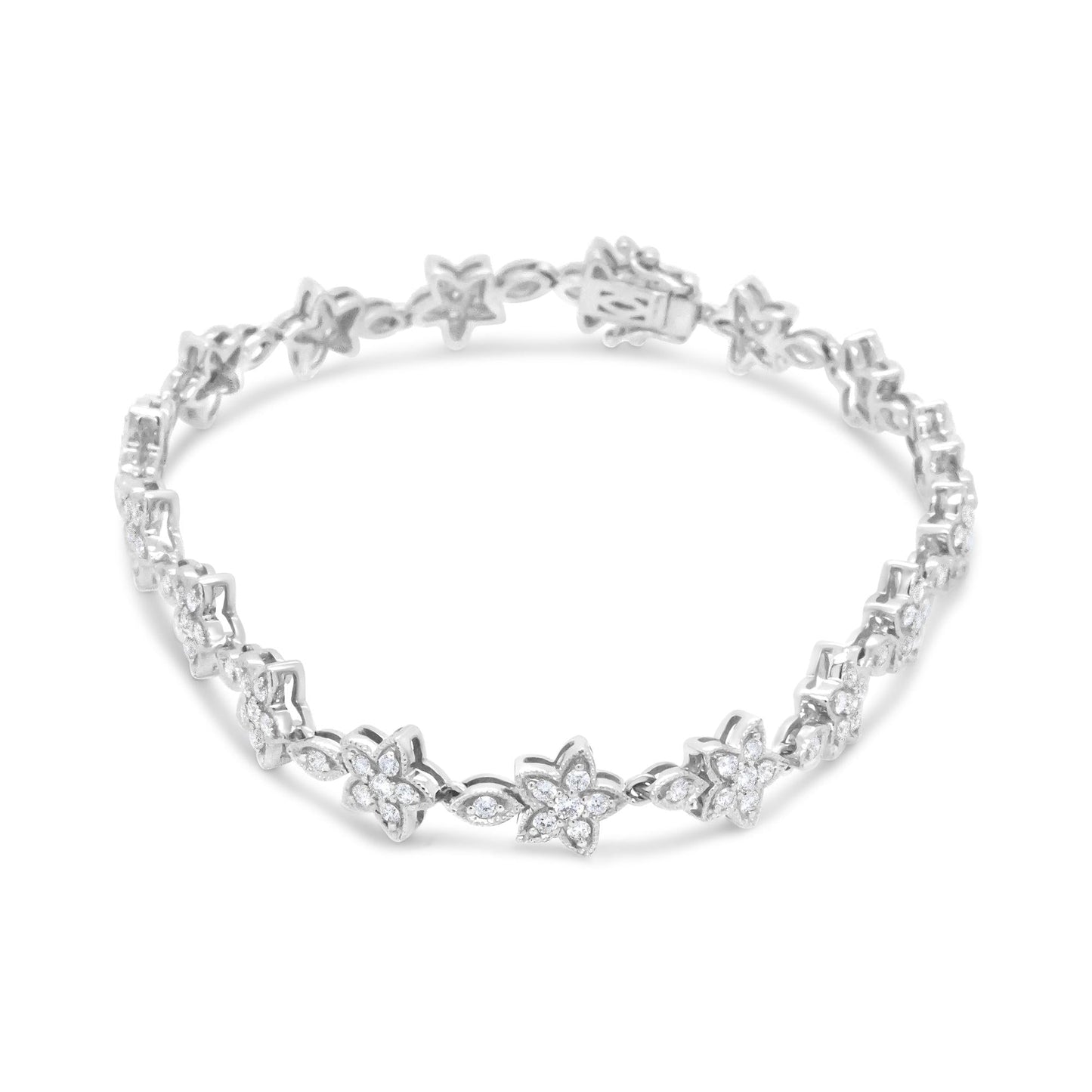 14K Gold 1 1/5 Cttw Round Diamond Floral Star-Shaped Link Bracelet