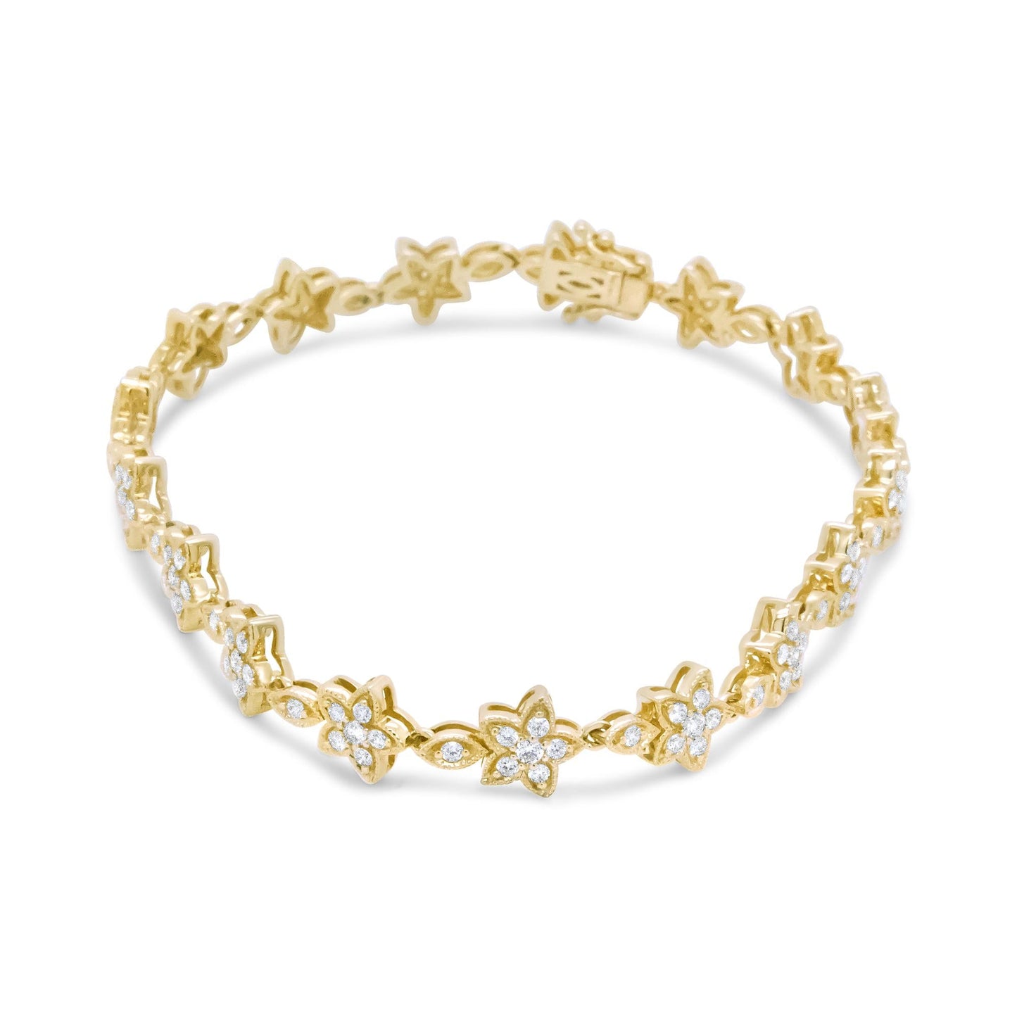 14K Gold 1 1/5 Cttw Round Diamond Floral Star-Shaped Link Bracelet