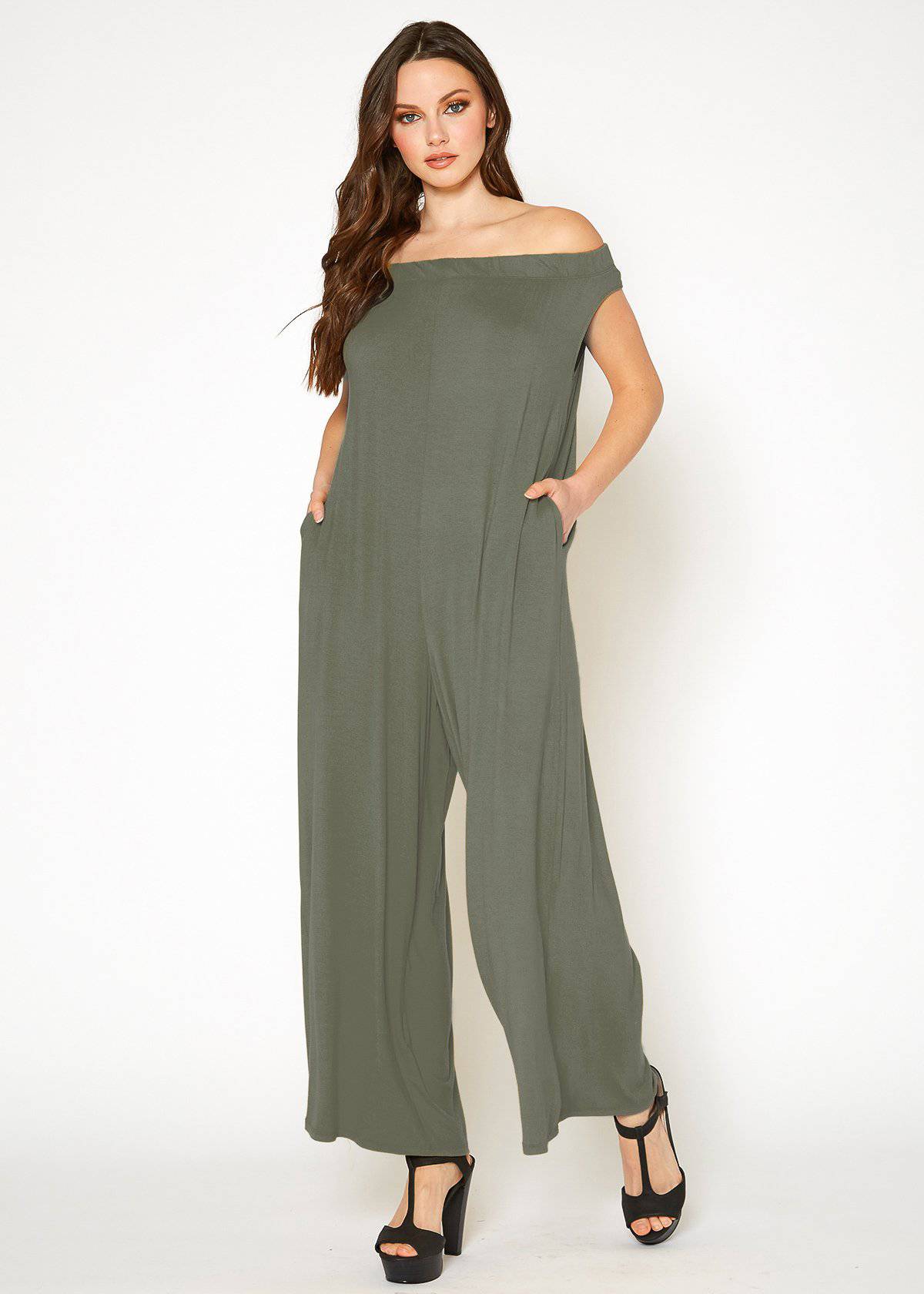 Women's Off Shoulder Wide Leg Jumpsuit With Pockets