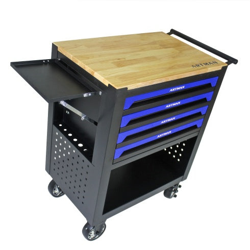 4 DRAWERS MULTIFUNCTIONAL TOOL CART WITH WHEELS AND WOODEN TOP-BLUE