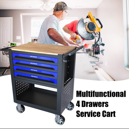 4 DRAWERS MULTIFUNCTIONAL TOOL CART WITH WHEELS AND WOODEN TOP-BLUE