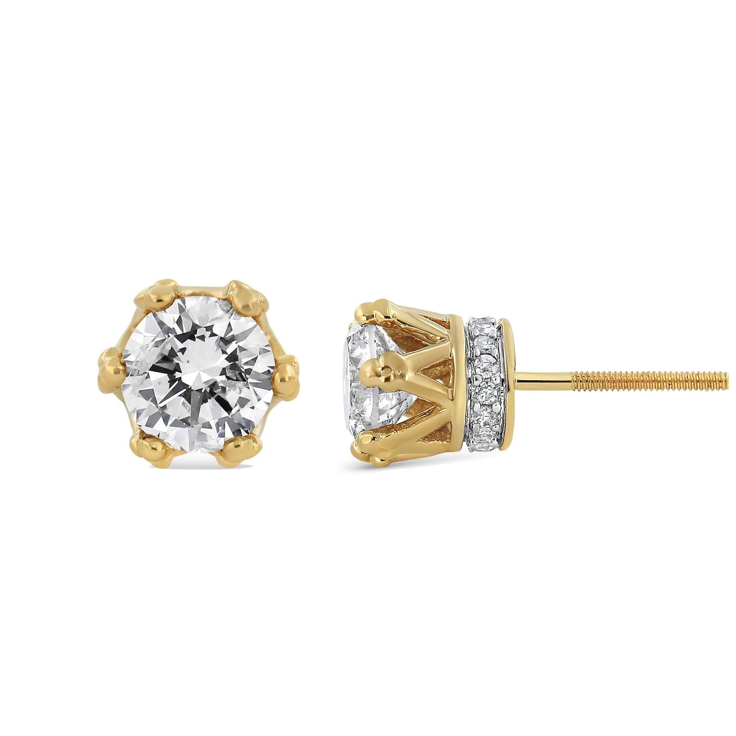 14K Yellow Gold 2.0 Cttw Round Diamond Crown Stud Earrings (I-J Color,