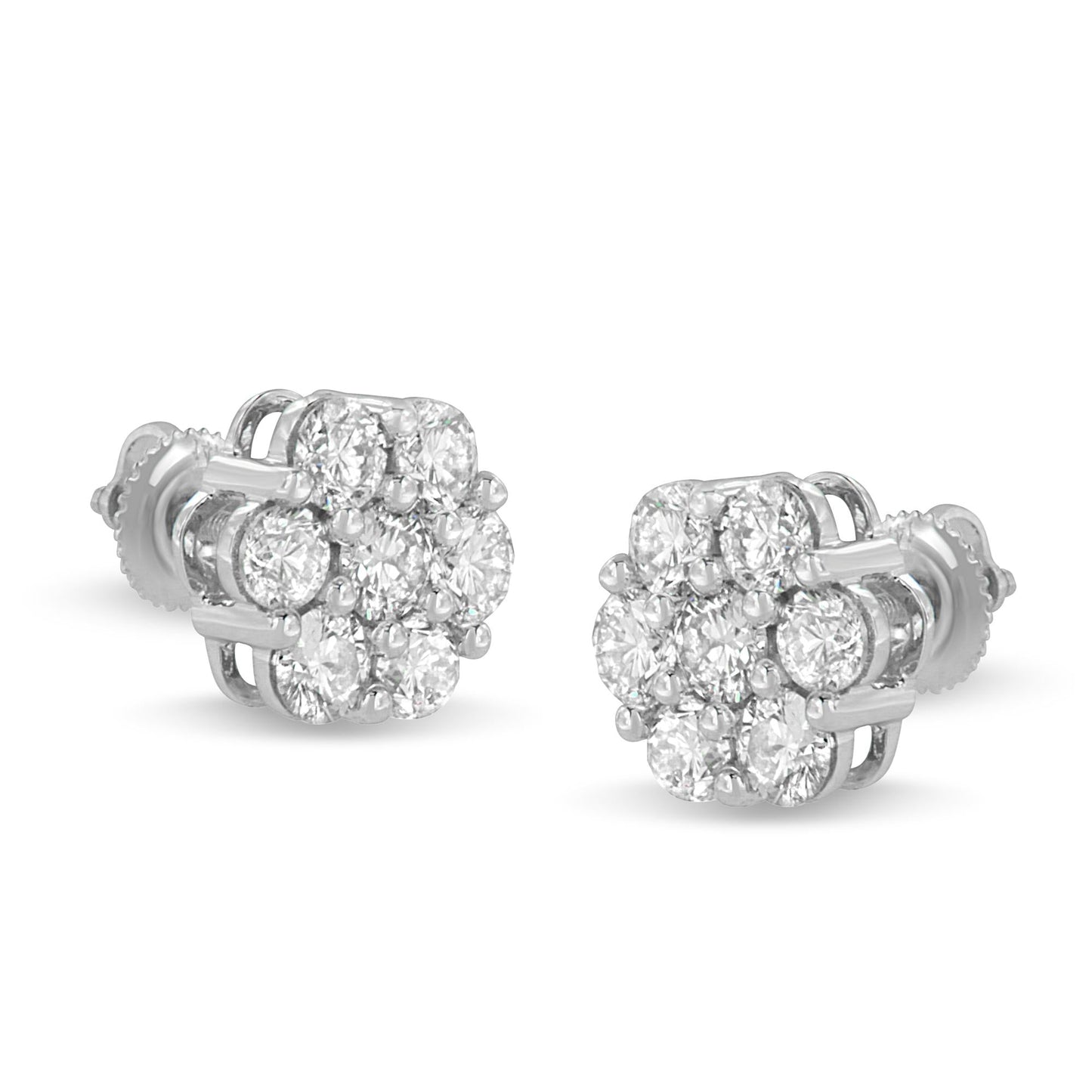 14K White Gold 3 cttw Prong Set Round-Cut Diamond Floral Cluster Stud