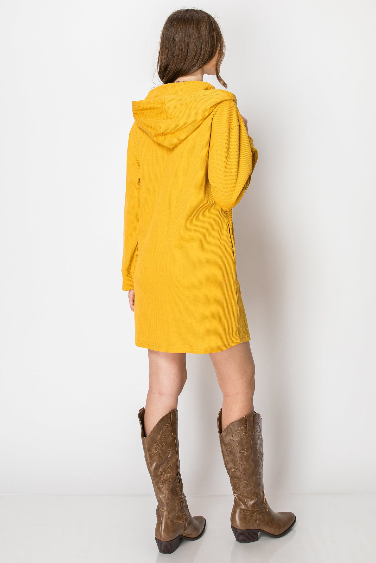 WAFFLE KNIT LONG SLEEVE BUTTON DOWN HOODIE SHIRT DRESS WITH POCKETS