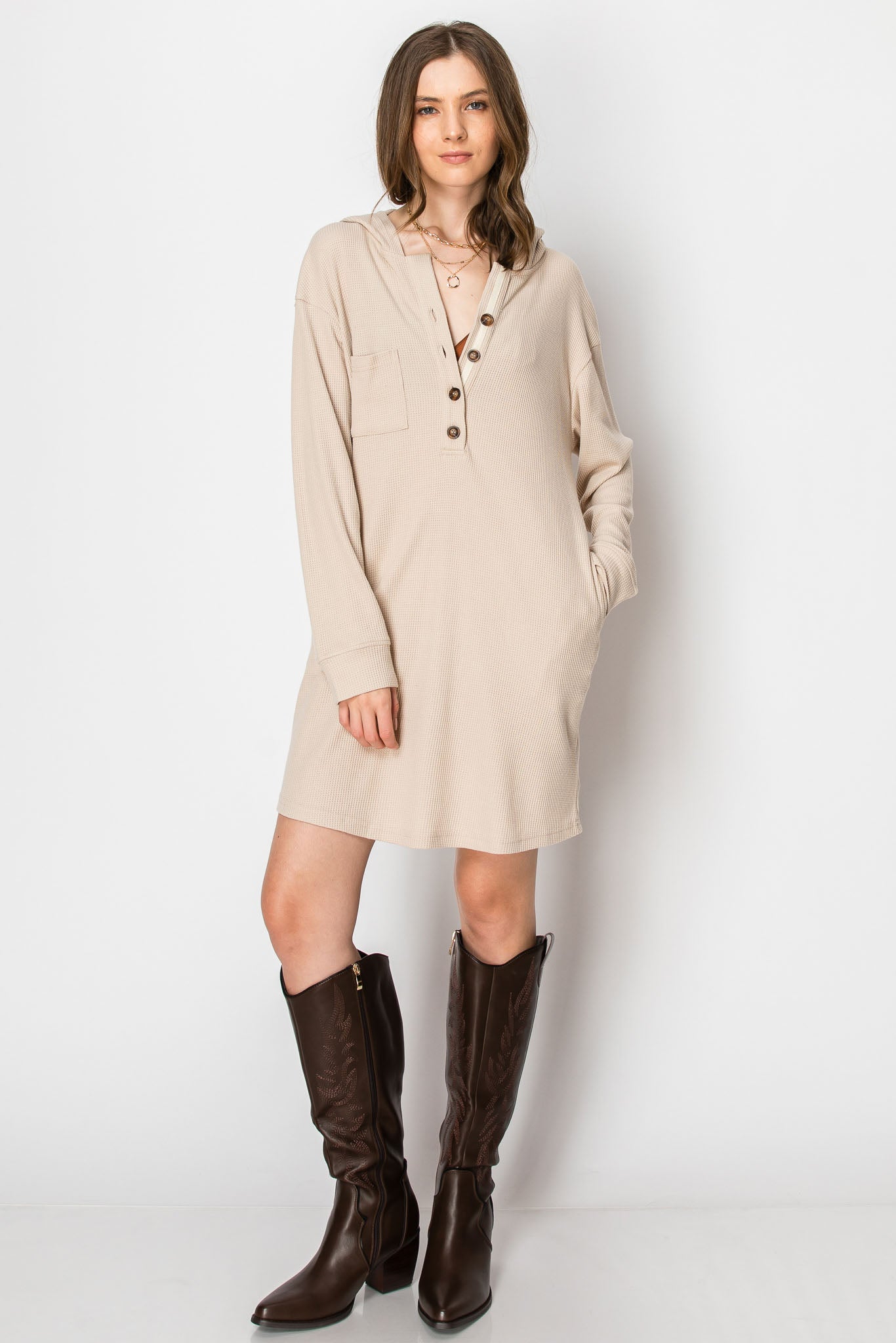 WAFFLE KNIT LONG SLEEVE BUTTON DOWN HOODIE SHIRT DRESS WITH POCKETS