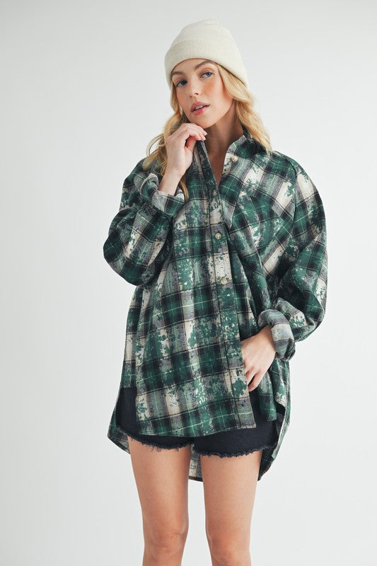 Aemi + Co Washed Plaid Button Up Raglan Sleeve Flannel Shirt