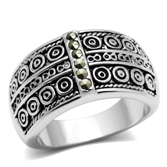 3W239 - Rhodium Brass Ring with Semi-Precious Marcasite in Black