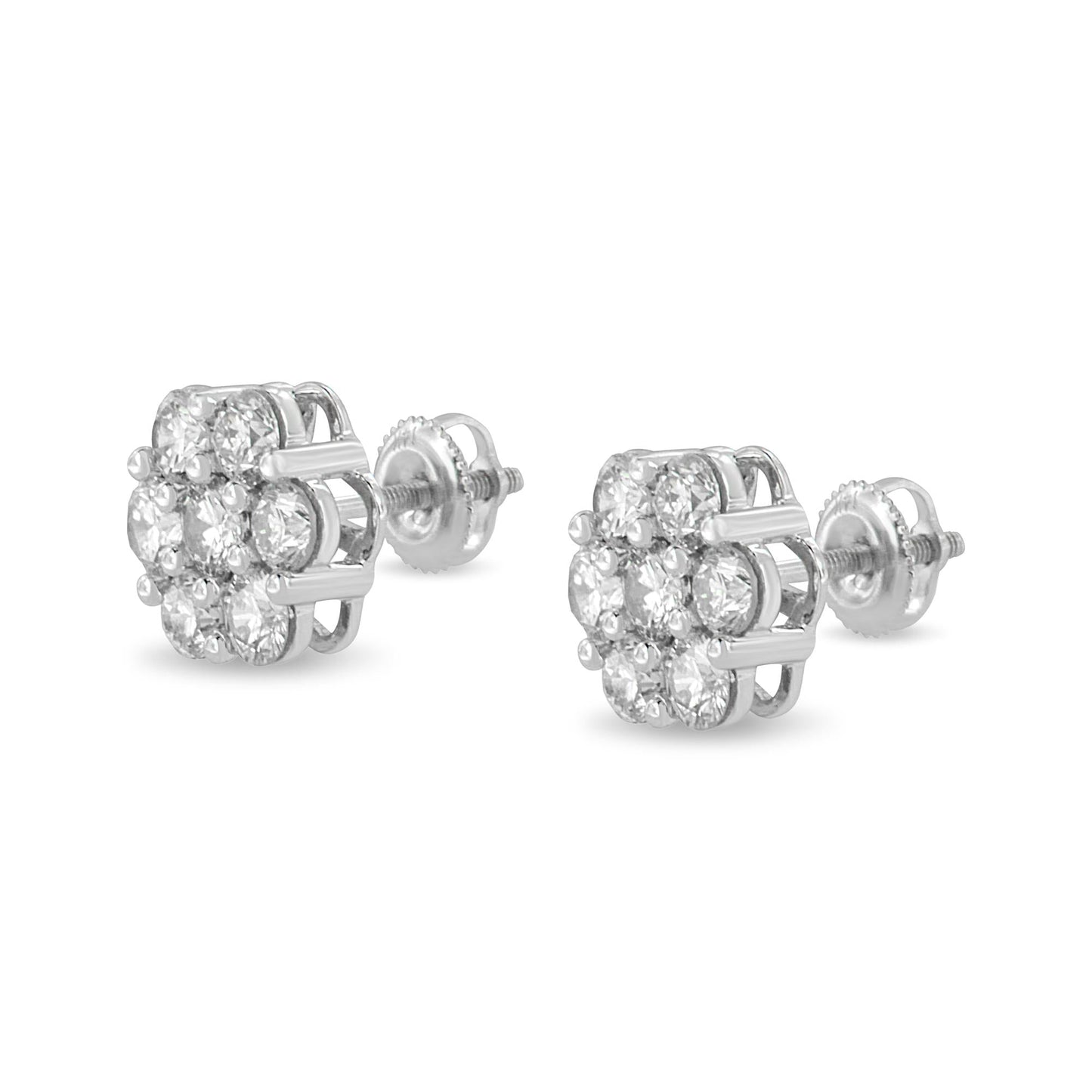 14K White Gold 3 cttw Prong Set Round-Cut Diamond Floral Cluster Stud