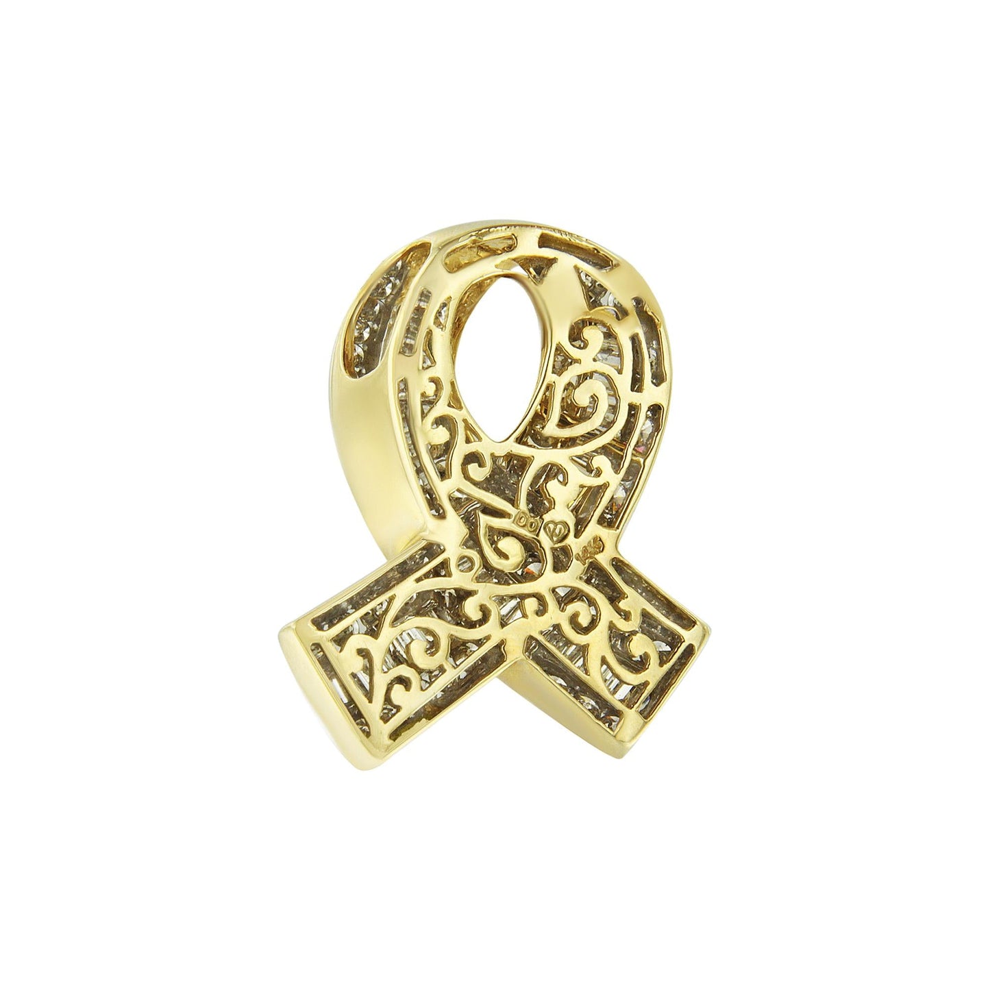 14K Yellow Gold 2 5/8 cttw Channel Set White Diamond Awareness Ribbon