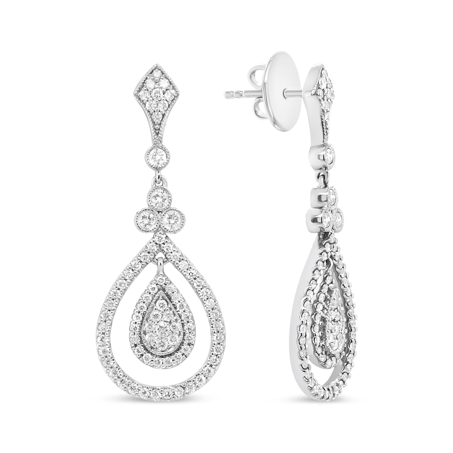 18K White Gold 1 1/4 Cttw Round Diamond Openwork Teardrop-Shaped Dangl