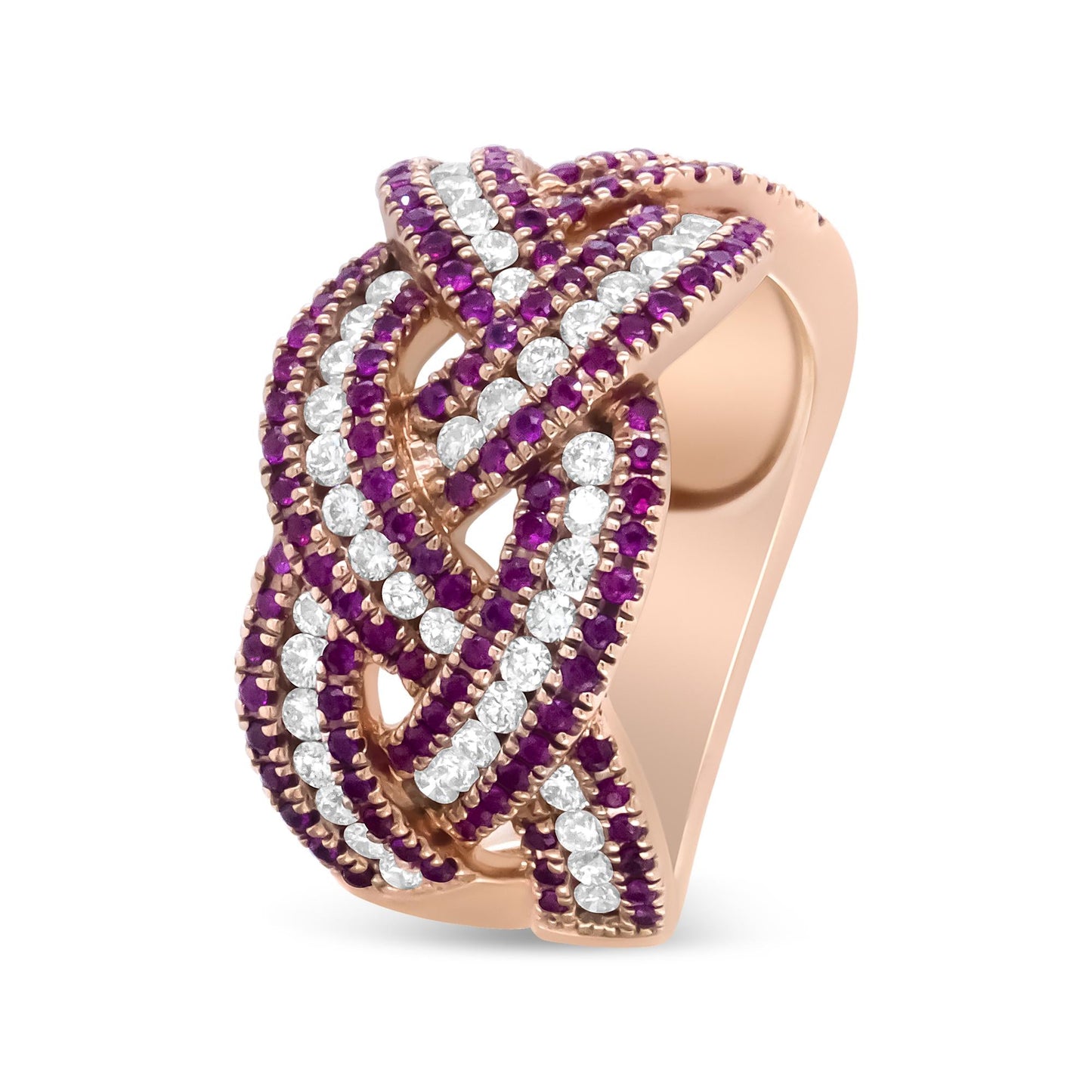 18K Rose Gold Red Ruby and 7/8 Cttw Diamond Woven Braided Band Ring (F