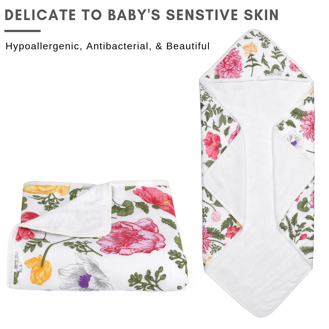 Baby Hooded Towel, Muslin-Backed, Buttery Soft Terry, Floral Print