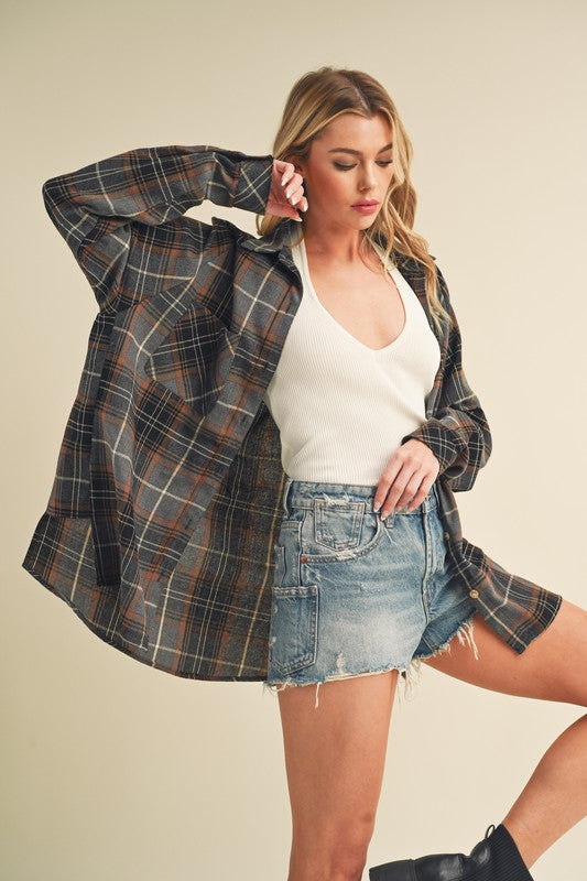 Aemi + Co Flannel Plaid Button Up Raglan Sleeve Shirt