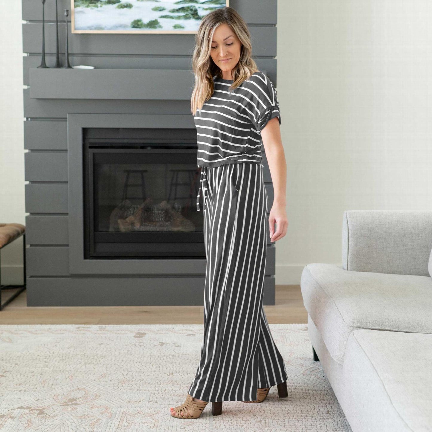 Stripe Jumpsuit Elastic Waist Back Keyhole