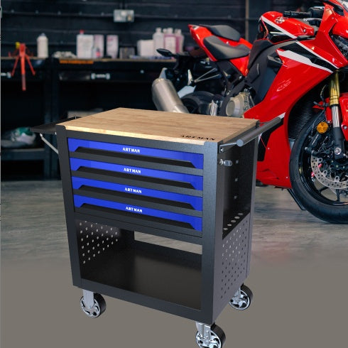 4 DRAWERS MULTIFUNCTIONAL TOOL CART WITH WHEELS AND WOODEN TOP-BLUE