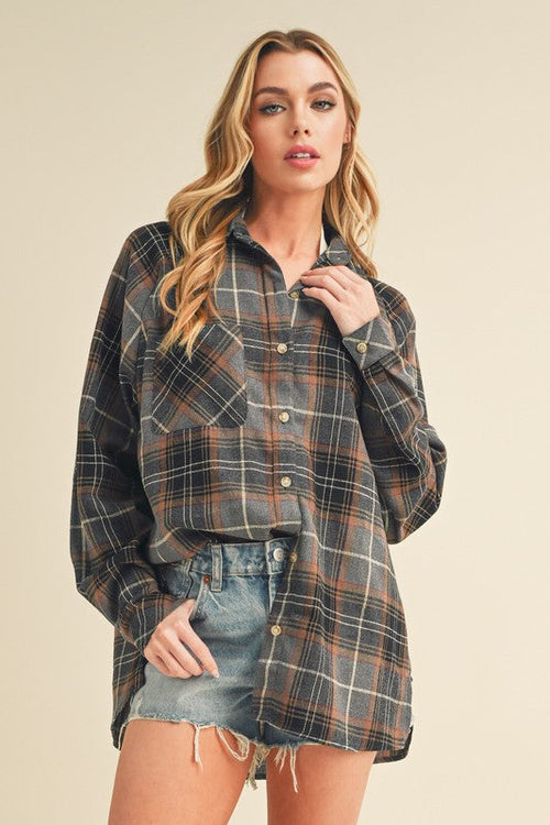 Aemi + Co Flannel Plaid Button Up Raglan Sleeve Shirt