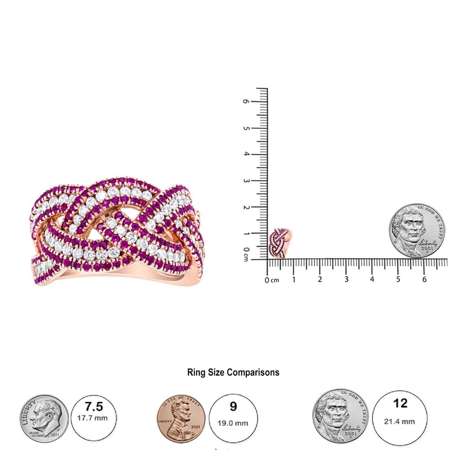 18K Rose Gold Red Ruby and 7/8 Cttw Diamond Woven Braided Band Ring (F