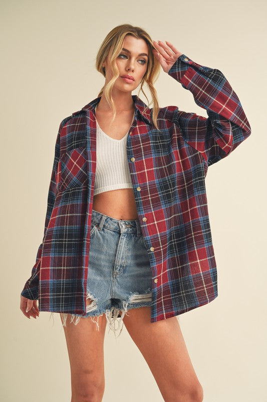 Aemi + Co Flannel Plaid Button Up Raglan Sleeve Shirt