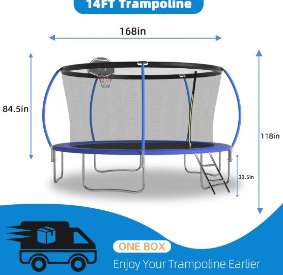 14 FT TRAMPOLINE PUMPKING STYLE WITH BASKETBALL HOOP