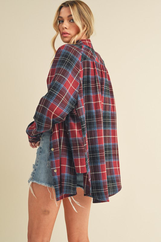 Aemi + Co Flannel Plaid Button Up Raglan Sleeve Shirt