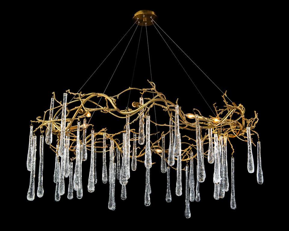 Brass and Glass Teardrop Eight-Light Chandelier