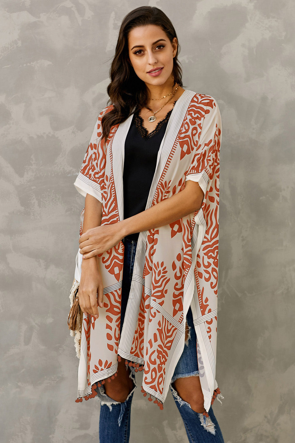 Bohemian Orange Prowess Pom Pom Kimono