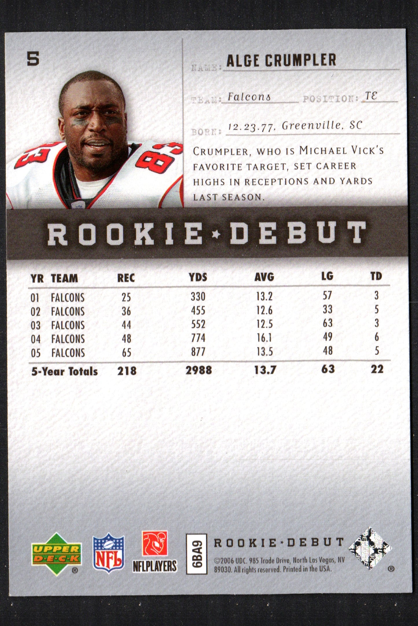 Alge Crumpler Atlanta Falcons #5 - 2006 Upper Deck Rookie Debut