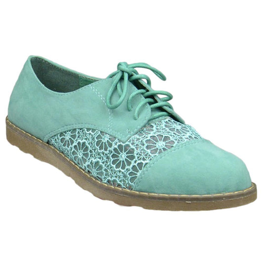 SOBEYO Women's Embroidered Flower Lace Up Oxford Flats Green