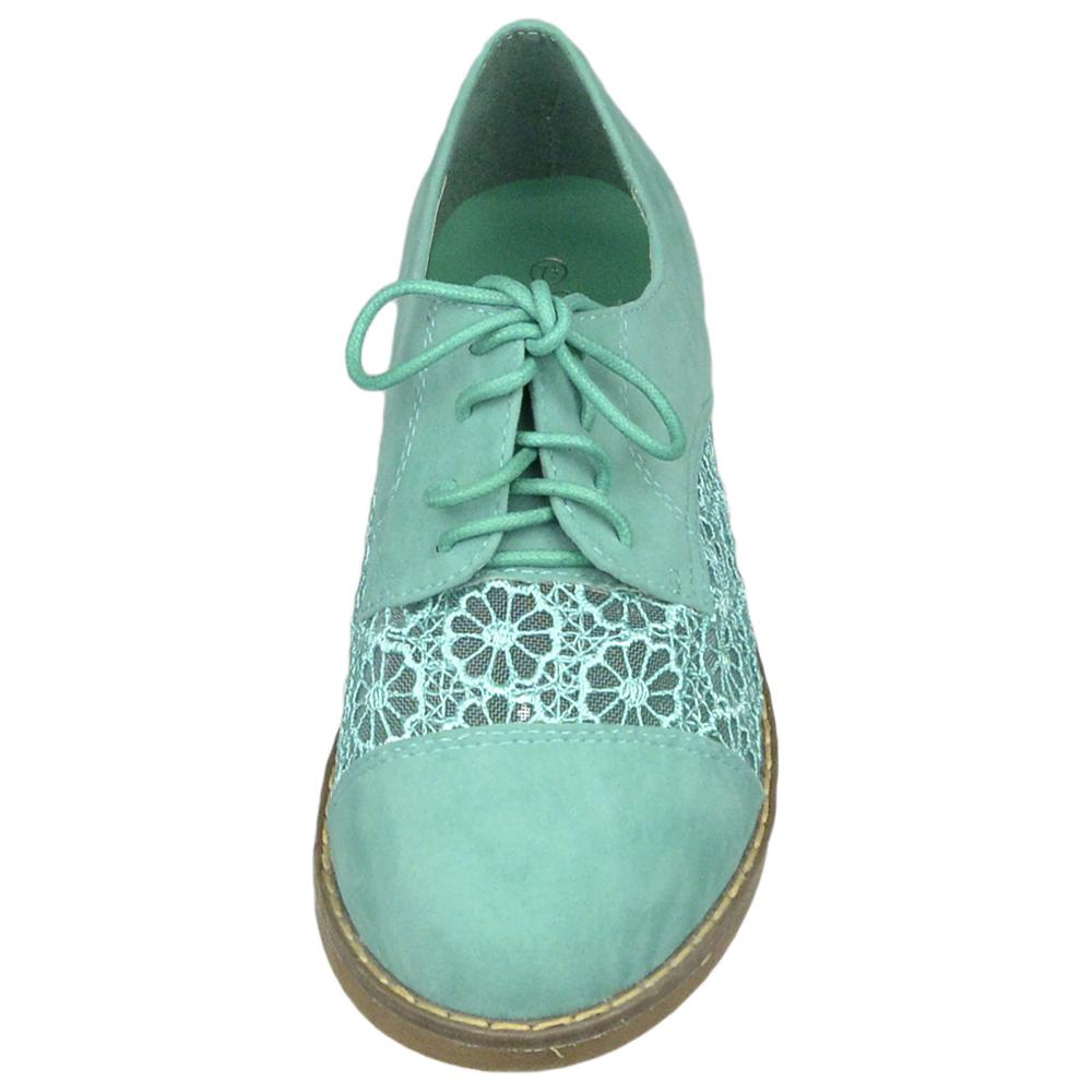 SOBEYO Women's Embroidered Flower Lace Up Oxford Flats Green