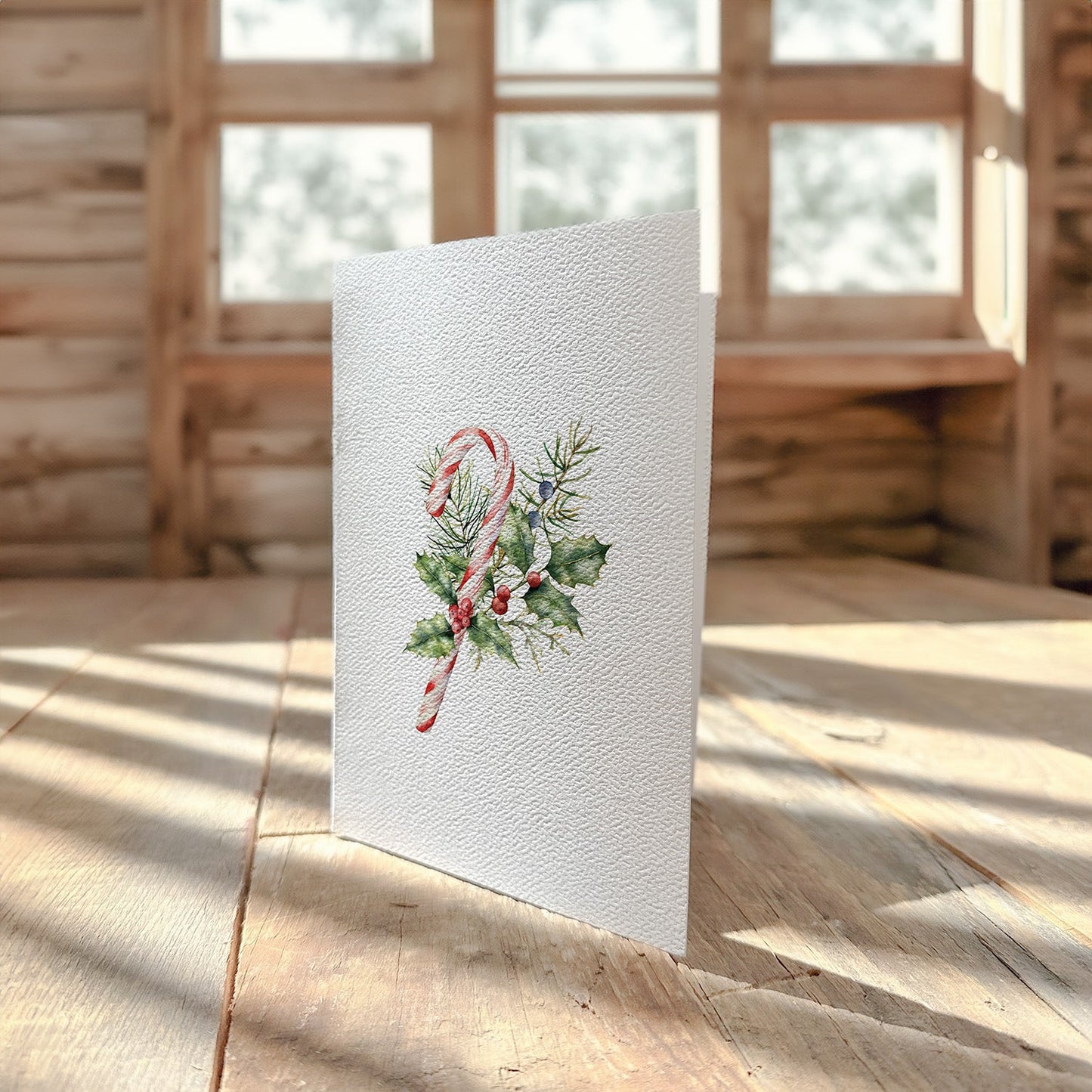 Candy Cane with Holly - Greeting Card