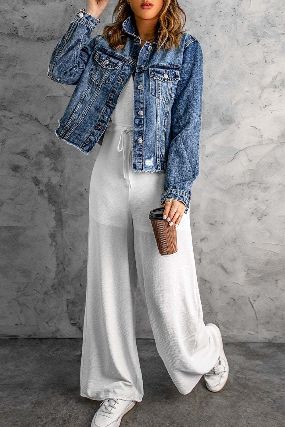 White Spaghetti Strap Wide Leg Jumpsuit