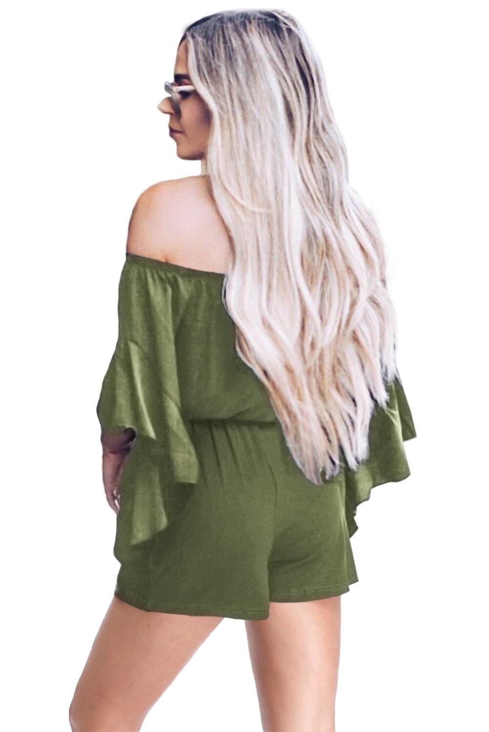 Casual Green Bell Sleeve Off Shoulder Front Tie Knot Romper