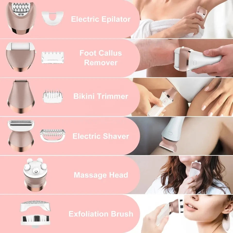 6in1 Set Electric Epilator Women Female Shaver Leg Body Hair Removal