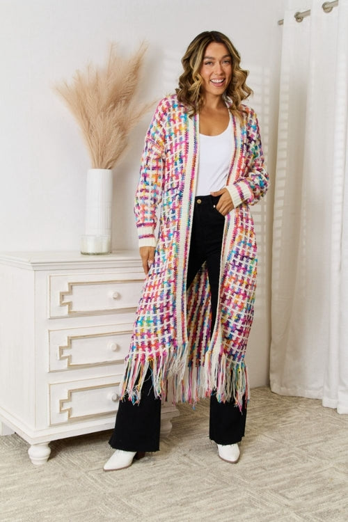 Angel Wings Full Size Multicolored Open Front Fringe Hem Cardigan