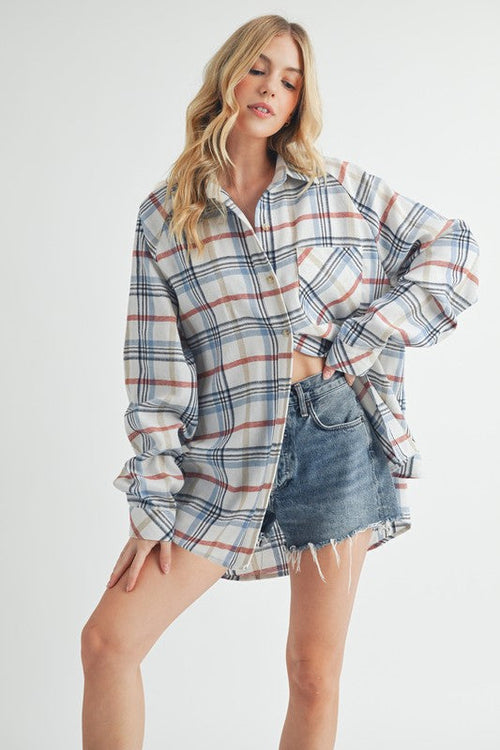 Aemi + Co Plaid Button Up Flannel Shirt with Chest Pocket