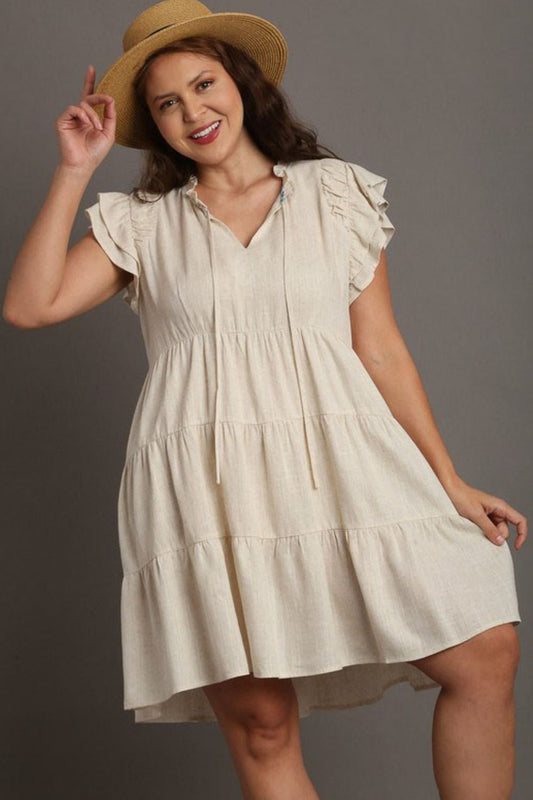 Umgee Full Size Linen A-line Tiered Mini Dress Plus Size