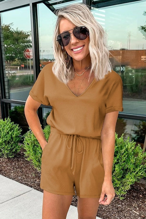 Casual Brown Short Sleeve Pocketed Knit Romper