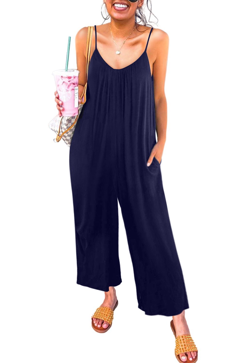 Casual Dark Blue Spaghetti Straps Pocketed Wide Leg Jumpsuits