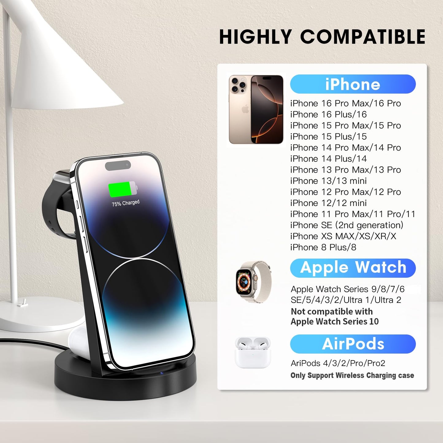 3 in 1 Charging Station for iPhone, Wireless Charger for iPhone