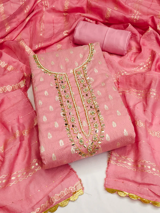 Women Zari Work Unstitched Pink Suit Set