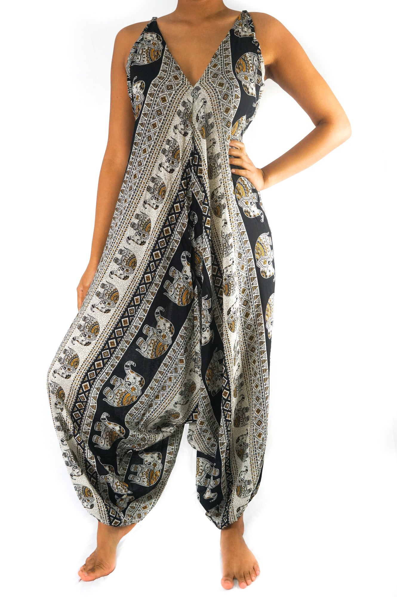 Black Elephant Boho Hippie Jumpsuit Rompers