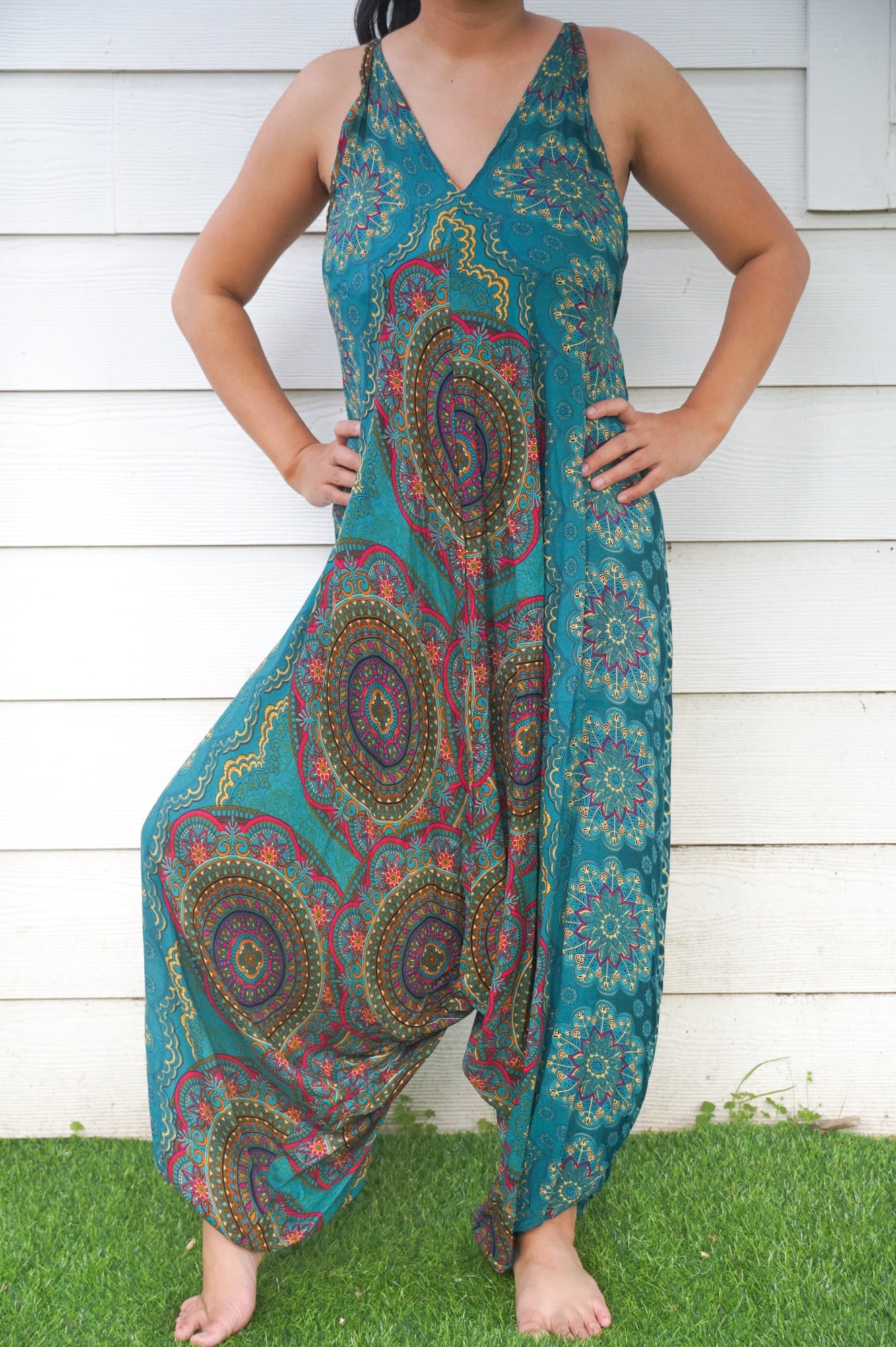 Teal Mandala Hippie Jumpsuits, Boho Rompers, Festival Clothing